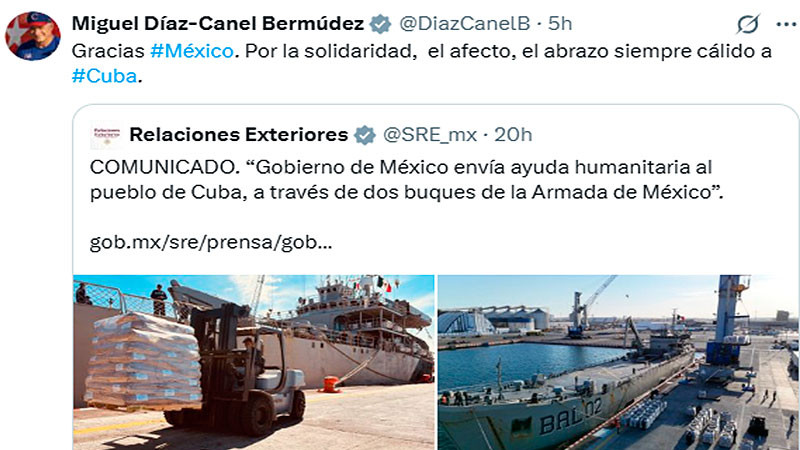 El presidente cubano agradece a México su colaboración humanitaria.